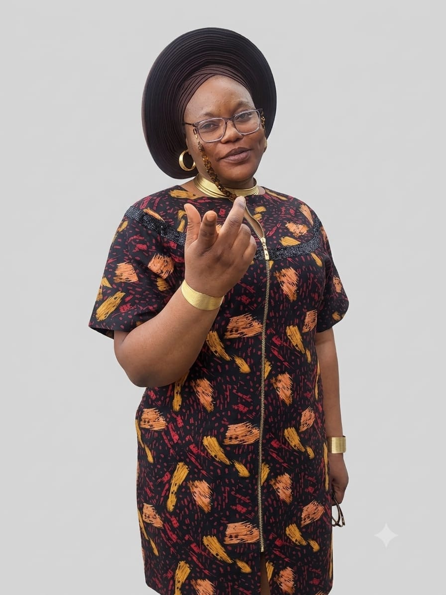 African print dress styled with a brown gele and gold accessories